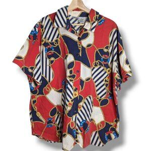 Vtg Cabin Creek Navy Chain Nautical Sailing Costal Short Sleeve Blouse 22W